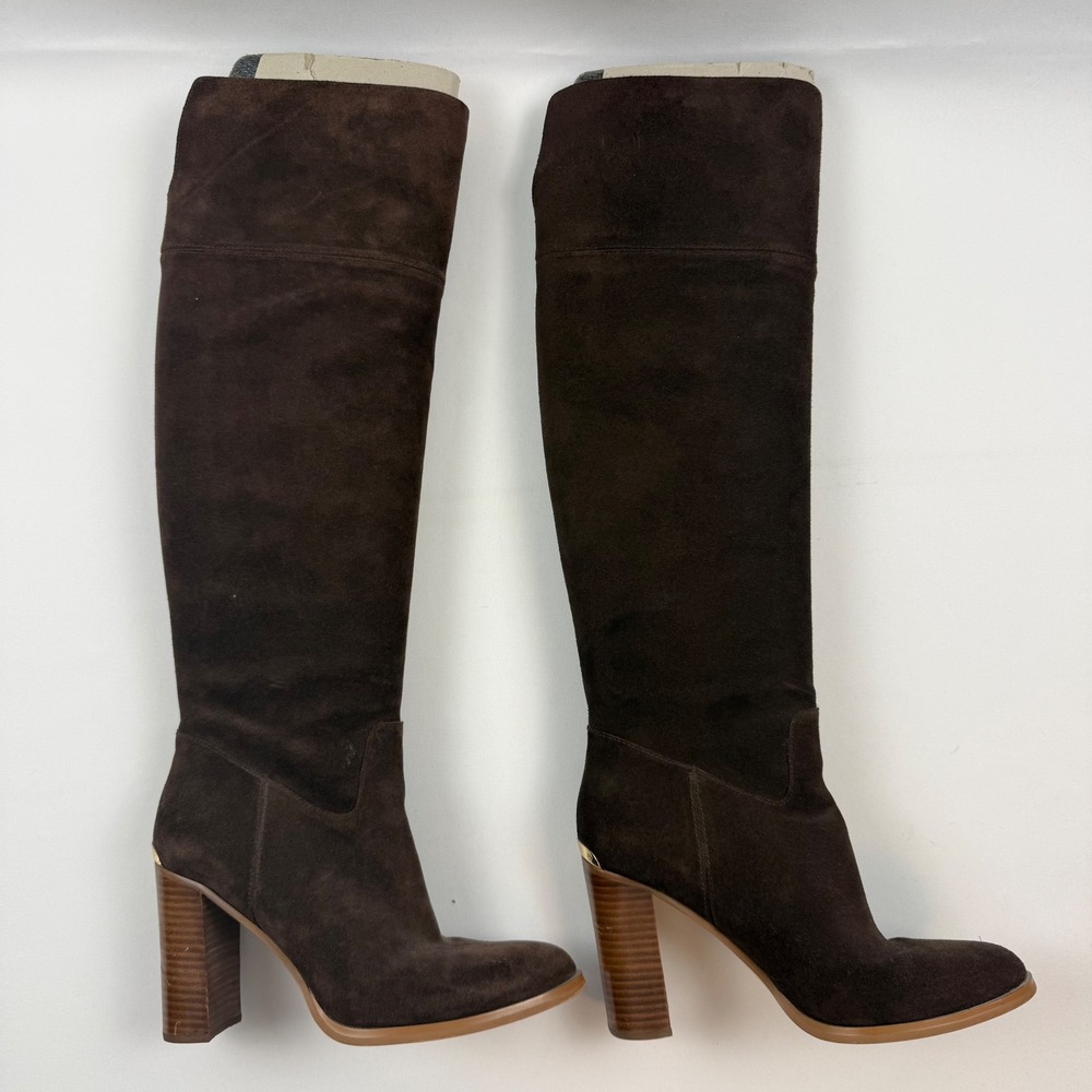Michael Kors Dark Brown Suede Knee High Block Heel Boots ST14F Womens 8.5M